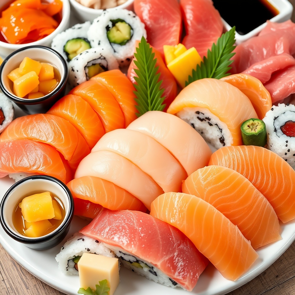 Assorted sushi and sashimi on a platter with ginger and wasabi