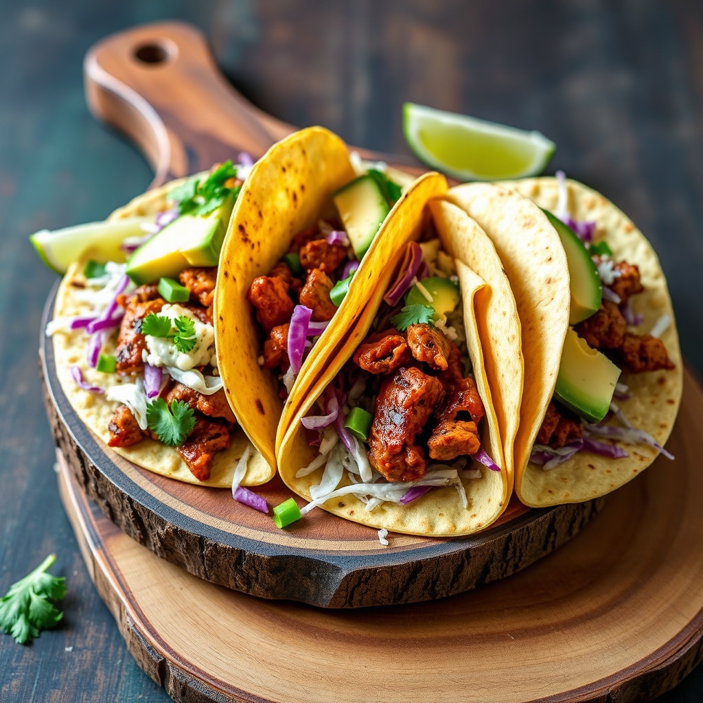 Three street-style tacos with beef, cabbage and avocado on a board