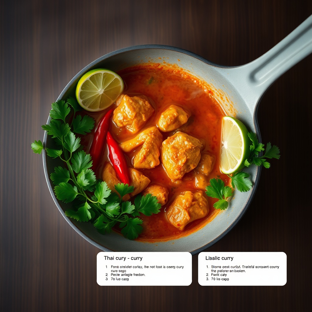 Thai red curry with chicken, chilli and coriander in a bowl