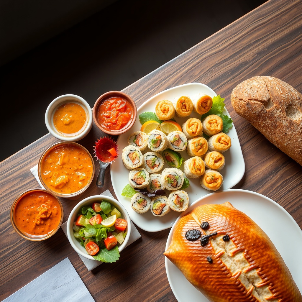 Colourful spread of international dishes photographed from above