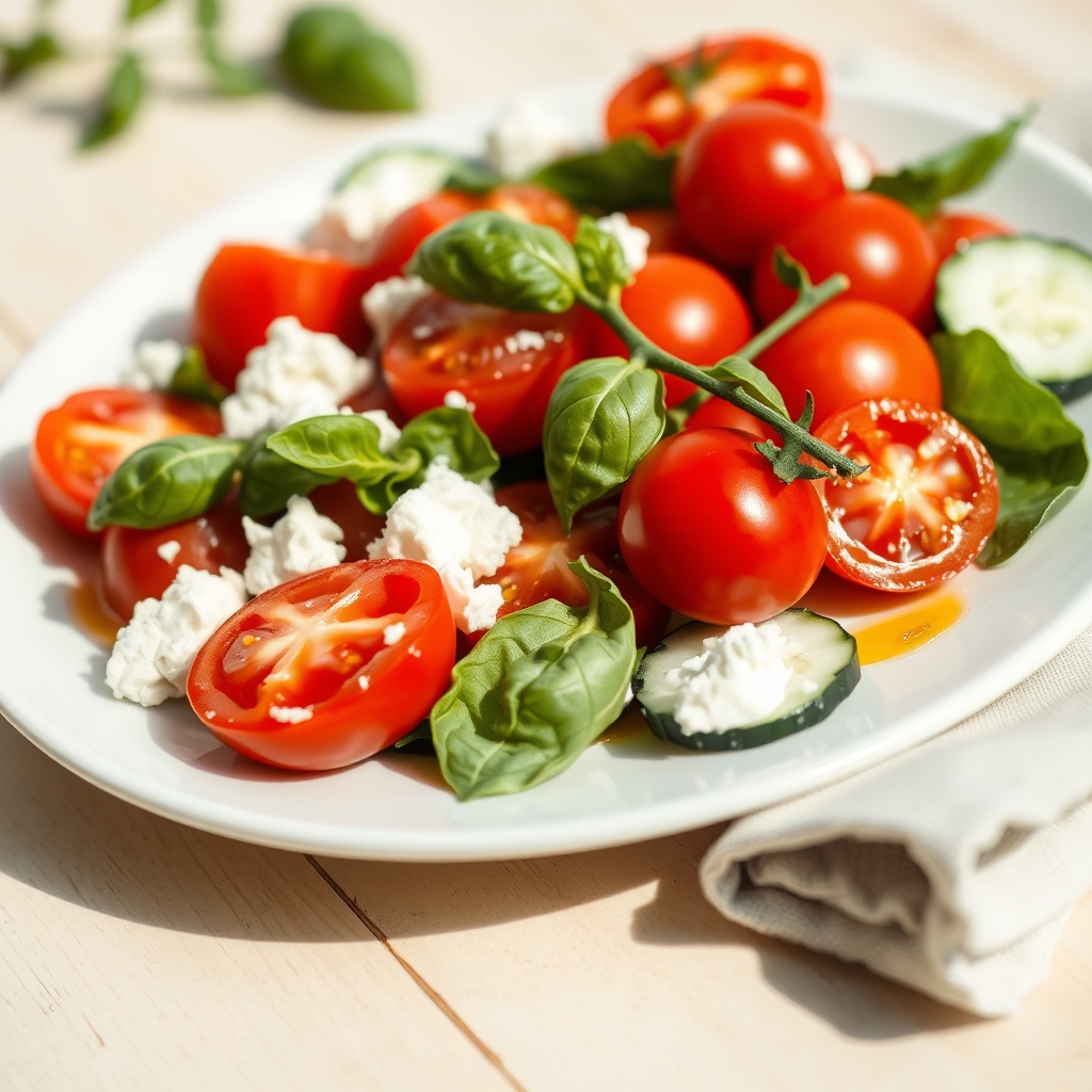 Mediterranean salad with tomatoes, cucumber, basil and feta on a white plate